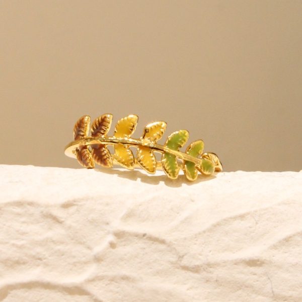 18K Gilded Enamel Drip Glazed Artistic Retro Mori Style Leaf Ring
