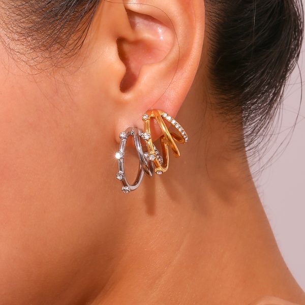 Three Layer C-shaped Miniature Inlaid Zircon Earrings