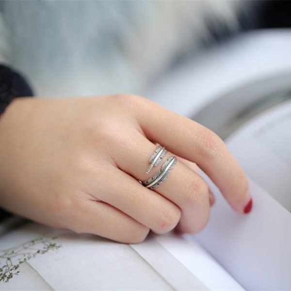 925 Sterling Silver Feather Simple Ring Retro Roman Ins Style