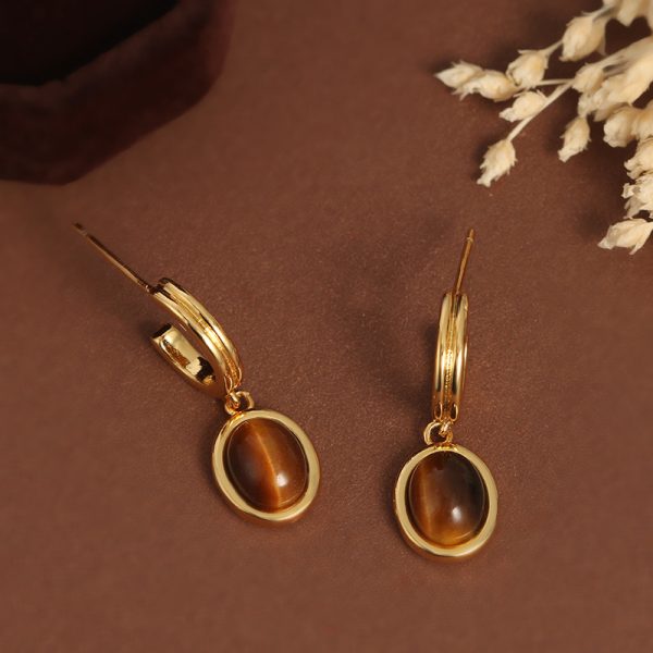 French Tiger Eye Vintage Court Style Gold Geometric Earrings