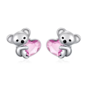 925 Sterling Silver Koala Bear Cute Animal Hypoallergenic Heart Crystal Earrings Jewellery