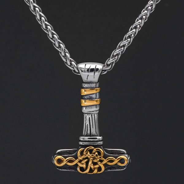 Double-sided Hammer Viking Gold Rune Pendant Necklace