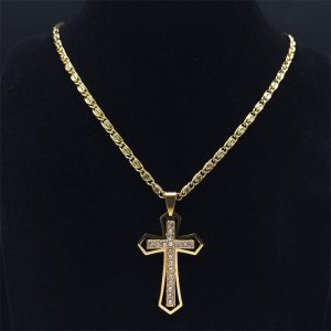 Crystal Pendant Men's Chain Necklace Gold Stainless Steel