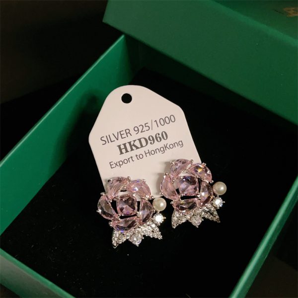 925 Silver Needle Classic Style Copper Micro Inlay Super Glitter Zircon Rose Stud Earrings