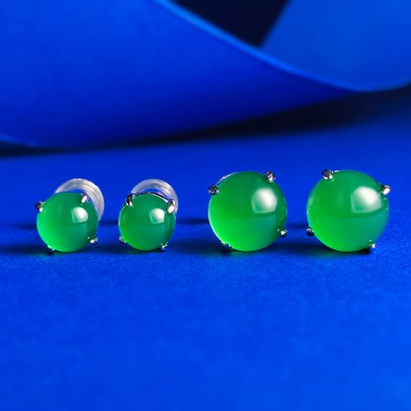 Silver Inlaid Simulation Green Chalcedony Ear Studs