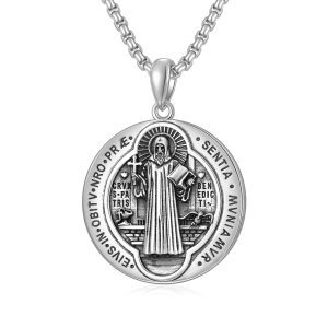 Saint Benedict Necklace NR Cross Catholic Protection Pendant Coin 925 Sterling Silver Jewelry Gifts for Men Women