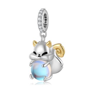 Cute Squirrel Pendant 925 Sterling Silver Inlaid Synthetic Moonstone Original Forest Animal Bracelet Diy Beading Accessories