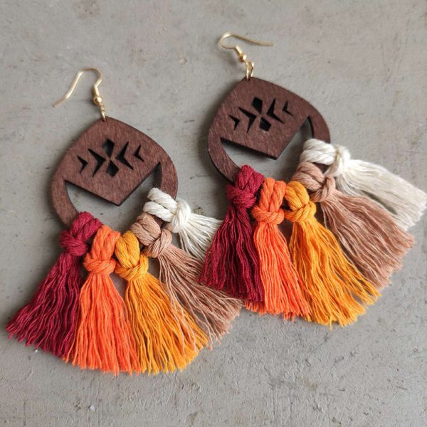 Wooden Bohemian Woven Tassel Earrings Fashion Handmade Niche