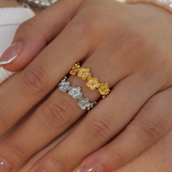18K Gold Stainless Steel Flower C Shape Ring Non-fading Trendy High-grade Ring
