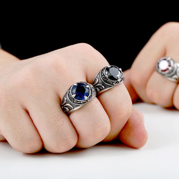 Vintage Hand Jewelry Stainless Steel Sapphire Carved Men's Ring