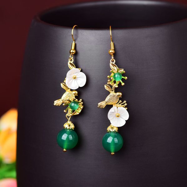 Ethnic Style Women's Long Green Agate Earrings Jewelry