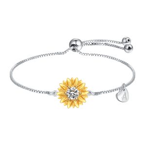 Sunflower Bracelets with Initial A Sterling Silver Sunflower Gifts for Women Girls Sunflower Jewelry