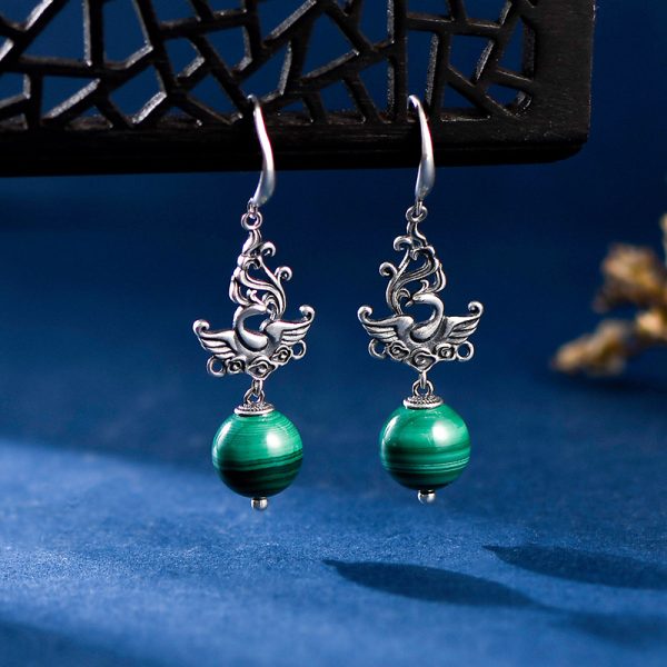 Old Phoenix Malachite Ladies Special-interest Design Round Beads Thai Silver Classical Earrings