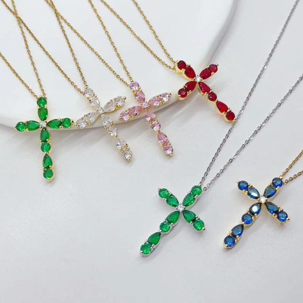 Fashion Jewelry Micro Inlay Colorful Zircon Water Drops Cross Necklace