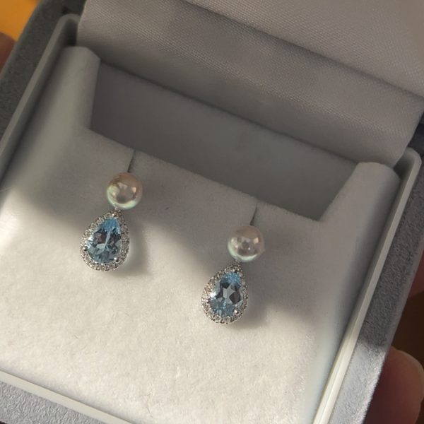 S925 Sterling Silver French Style Aquamarine Tears Full Diamond Pearl Earrings For Women