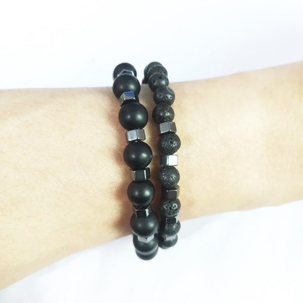 Black Frosted Lava Spacer Beads Stretch Bracelet For Men