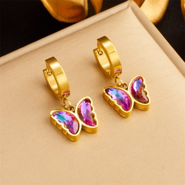 Fashion Special-interest Vintage Design Colored Purple Rhinestone Butterfly Earrings