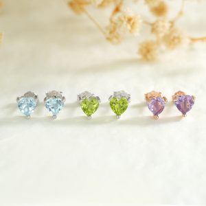 Fashion Heart-shaped Stone Female Natural Amethyst Olivine Topaz S925 Silver Ear Nail