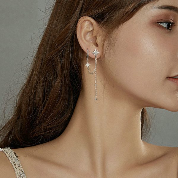 925 Silver Crystal Earrings New Shining Star Asymmetric Ear Line