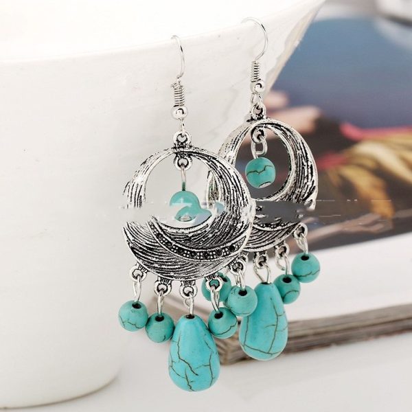 European And American Fashion Cross-border Indian Ethnic Style Vintage Ring Turquoise Pendant Earrings Long Eardrop Ornament