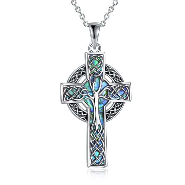 925 Sterling Silver Abalone Celtic Cross Pendant Necklace Jewelry Gifts