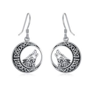 Wolf Celtic Moon Dangle Drop Earrings in Sterling Silver