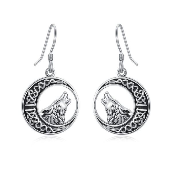 Wolf Celtic Moon Dangle Drop Earrings in Sterling Silver