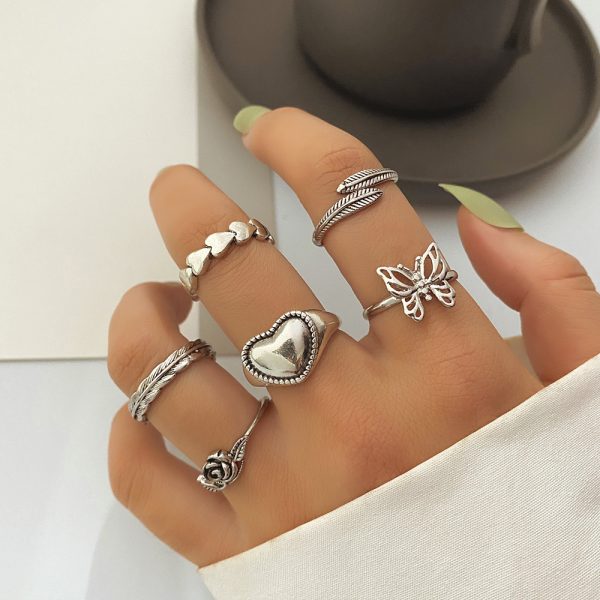 Retro Distressed Feather Rose Hollow Butterfly Love 6-piece Set Ring