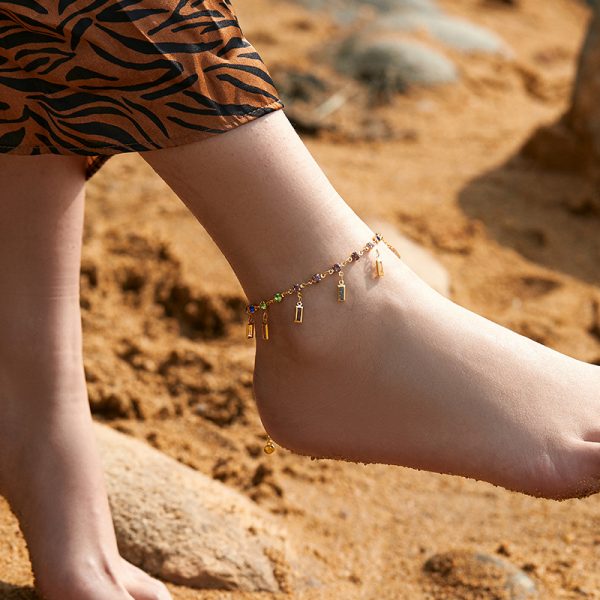 Vintage Gold Plated Ankle Chain Color Acrylic 18K Gold Strip Jeweled Pendant Anklet