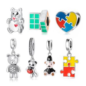 S925 Sterling Silver Beaded Pendant Magic Cube Puzzle Love Bear Bracelet Diy Accessories