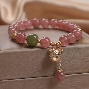 Natural Strawberry Quartz Lucky Cat Beaded Bracelet