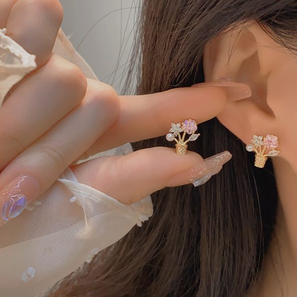 Flower Zircon Potted Bouquet Ear Studs Without Pierced Mosquito Coil Female Ear Clip