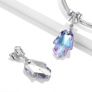 Purple Light Fatima's Hand Crystal 925 Sterling Silver Bow Necklace Bracelet Diy Pendant