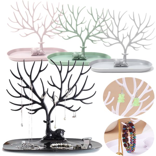 Deer Jewelry Display Stand Earrings Necklace Ring Jewelry Display Tray Jewelr Crystal Handle Antlers Jewelry Display Stand With Storage Drawer And Tray, Tree Tower Rack Hanging Organizer