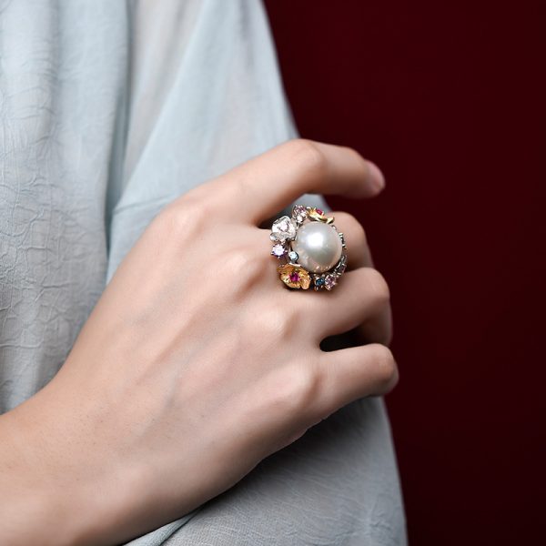 Silver Plated Artificial Freshwater Pearl Flower Ring For Women