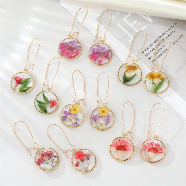 Bohemian INS Retro Creative Round Epoxy Color Dried Flower Earrings