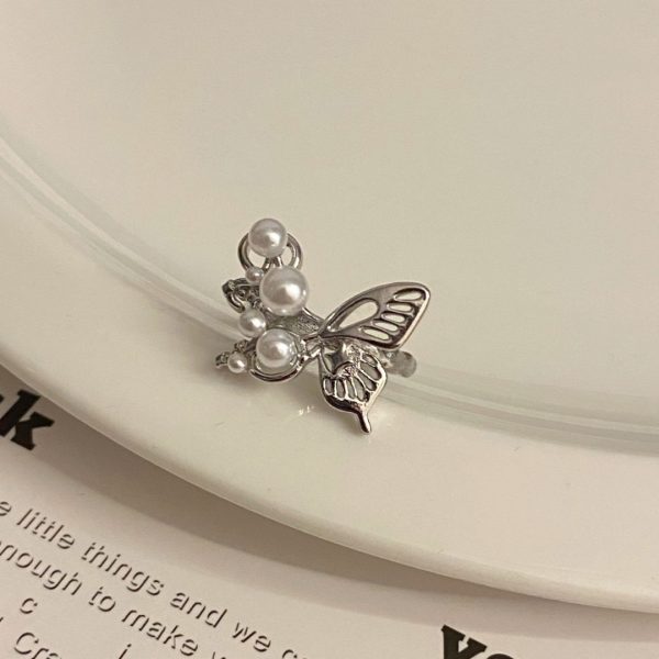 Metal Three-Dimensional Hollow Butterfly Pearl Ring Versatile Opening Women's