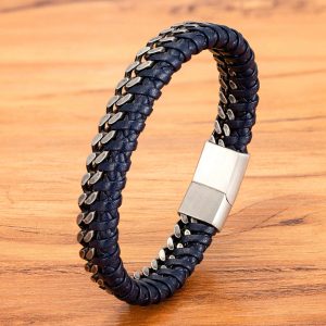 Vintage Leather Woven Men's Stainless Steel Buckle Bracelet