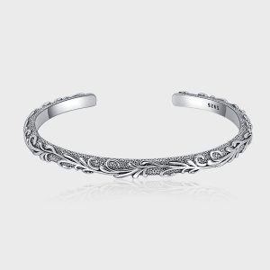 S925 Sterling Silver Vintage Style Carved Tang Grass Thai Silver Bracelet