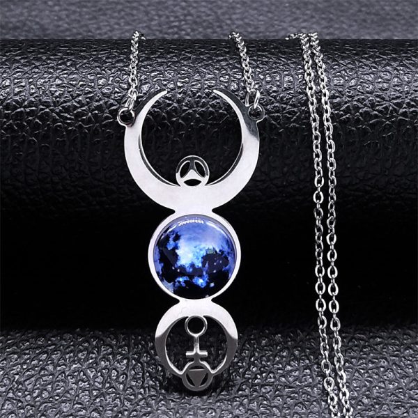 Female Stainless Steel Crescent Planet Glass Necklace