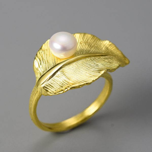 Leaf Pearl Sterling Silver S925 Women's Ring Artistic Crafts Natural