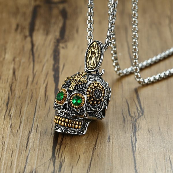 Titanium Steel Ghost Head Pendant Men's Green Eye Skull Necklace