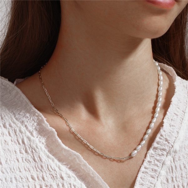 New 925 Sterling Silver Pearl Chain Stitching Necklace