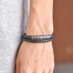 Nordic Viking Simple Men's Leather Titanium Steel Bracelet European And American Double Woven