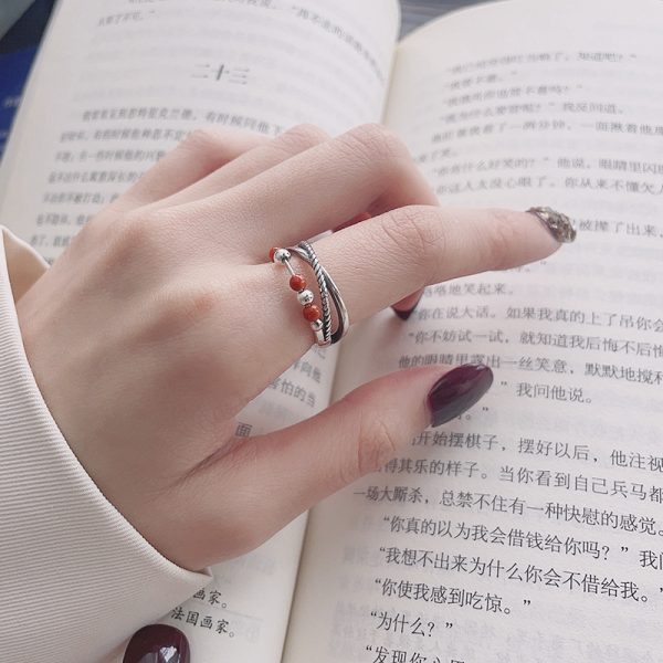 South Red Round Beads Rotatable Ring Double-layer Hollow