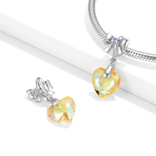 Sunshine Golden Yellow Heart Crystal Pendant Sterling Silver 925 Bow Necklace Bracelet Diy Pendant