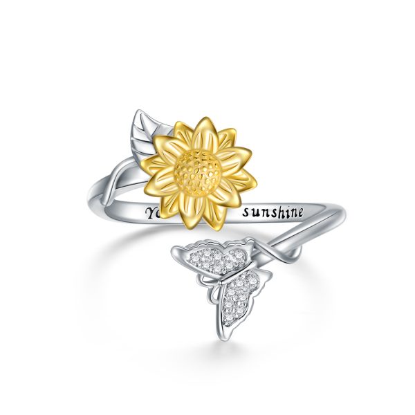 You Are My Sunshine Sunflower Butterfly Ring in Sterling Silver
