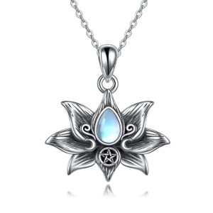 Sterling Silver Moonstone Lotus Flower Pendant Necklace Jewelry Gifts for Women