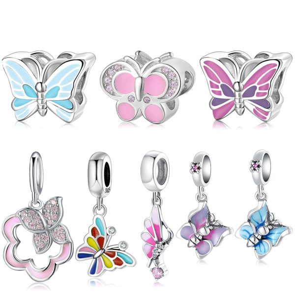 S925 Sterling Silver Drop Glue Beads Pendant Colorful Flower Butterfly String Bracelet Diy Accessories Beads