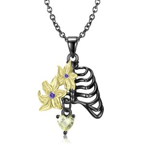 Flower Skeleton Necklace Pendant S925 Sterling Silver Black Gold Plating